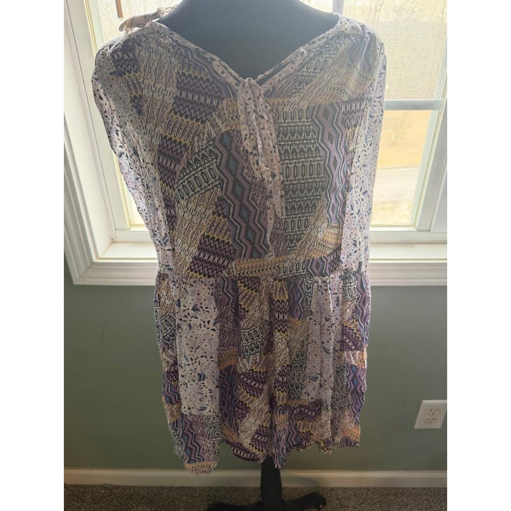 Easel Boho Patchwork Print Tie-Neck Peasant Blouse Size M Short Sleeve Flowy